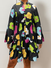 Women's Plus Floral Print Bell Sleeve Button Up V Neck Smock Dress