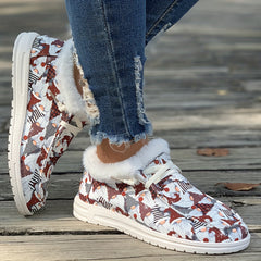 Women's Christmas Santa Print Snow Boots Plush Comfort Winter Lace up Flats