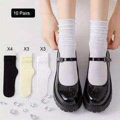 10 Pairs Women's Solid Mid Tube Socks Comfy Breathable Stockings