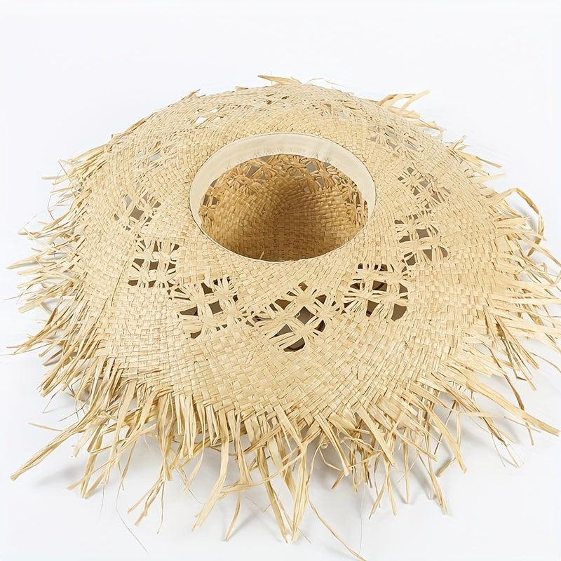 Women's Apricot Raffia Straw Hat Frayed Hand Woven Beach Sun Hat