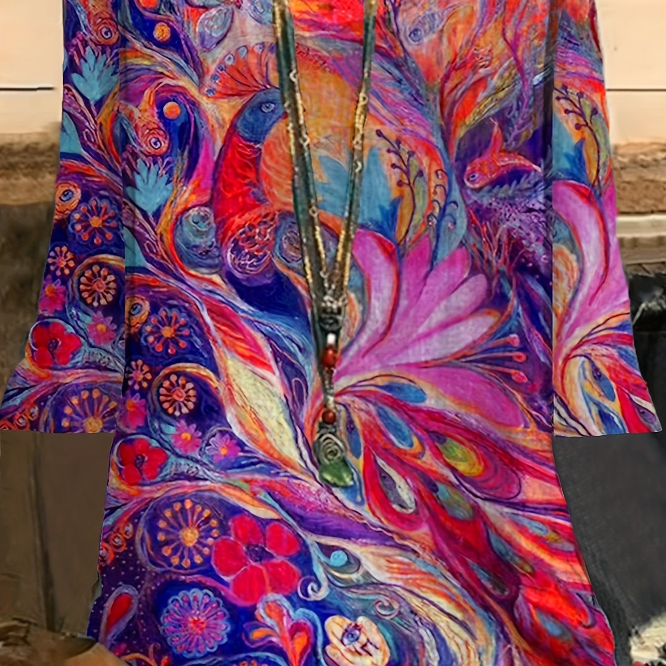  Floral & Bird Print 3/4 Sleeve Blouse