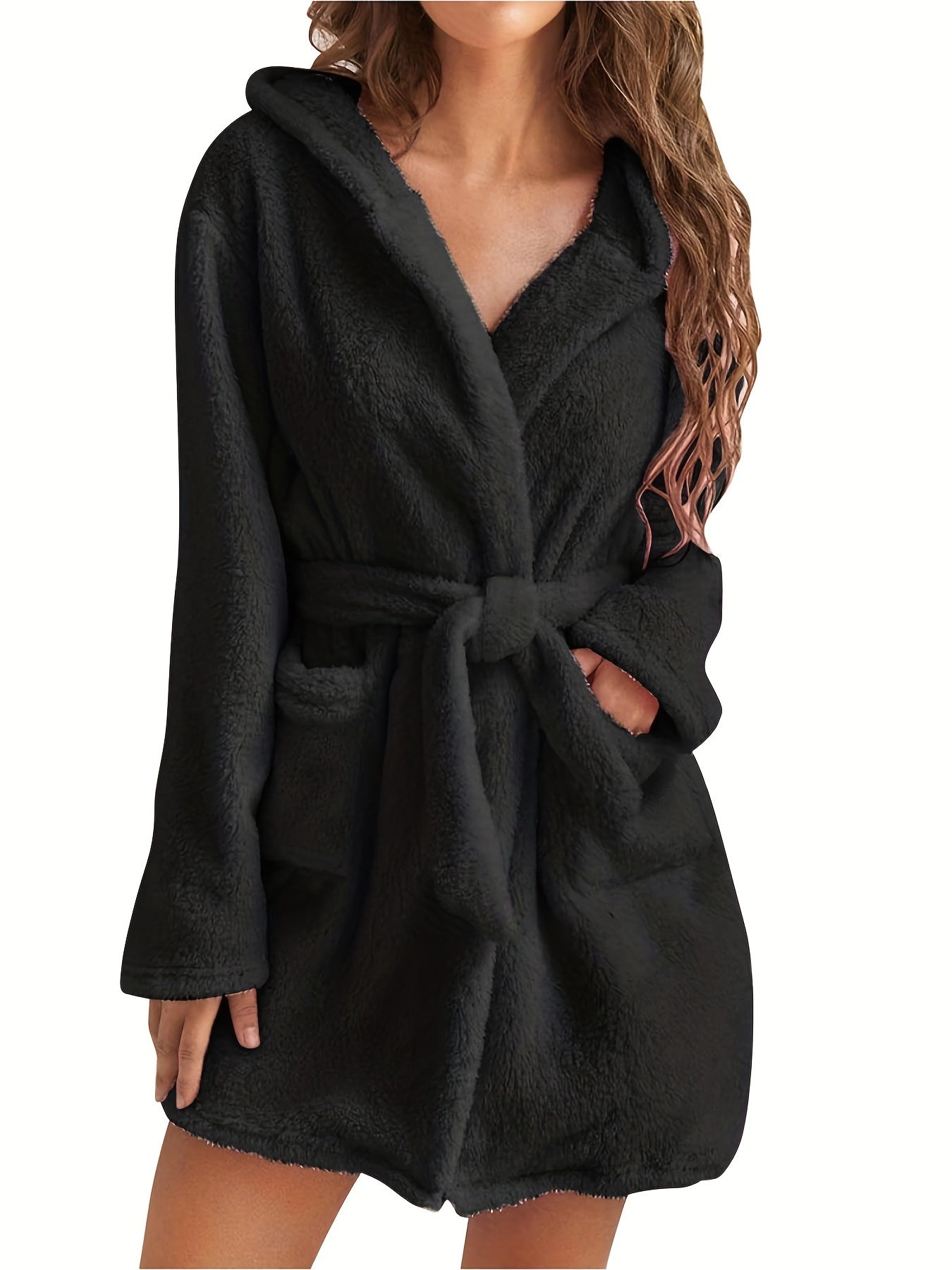  Long Sleeve Hooded Fleece Bathrobe With Pockets