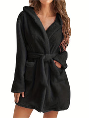  Long Sleeve Hooded Fleece Bathrobe With Pockets