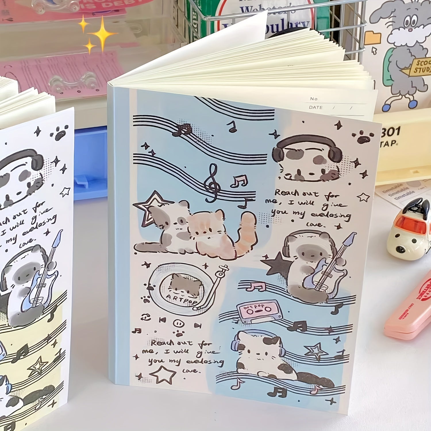 Horizontal Line Notebook Music Cat A5 Adhesive Bound Writing Book