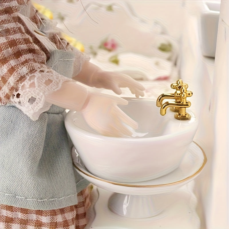 1pc Ceramic Mini Washbasin Sinks with Golden Faucets Dollhouse DIY Kit