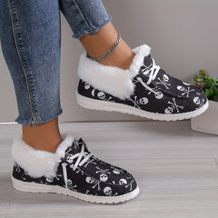 Women's Plush Lined Canvas Shoes Halloween Skull Printed Low Top Shoes