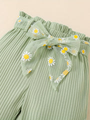 Girls Flower Print Ruffle Neck Pullover Top & Pants 2pcs Set