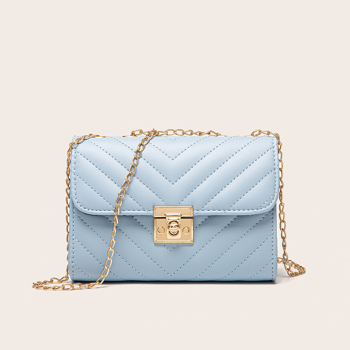 Chevron Quilted Square Shoulder Bag Chain Crossbody Purse Faux Leather Flap