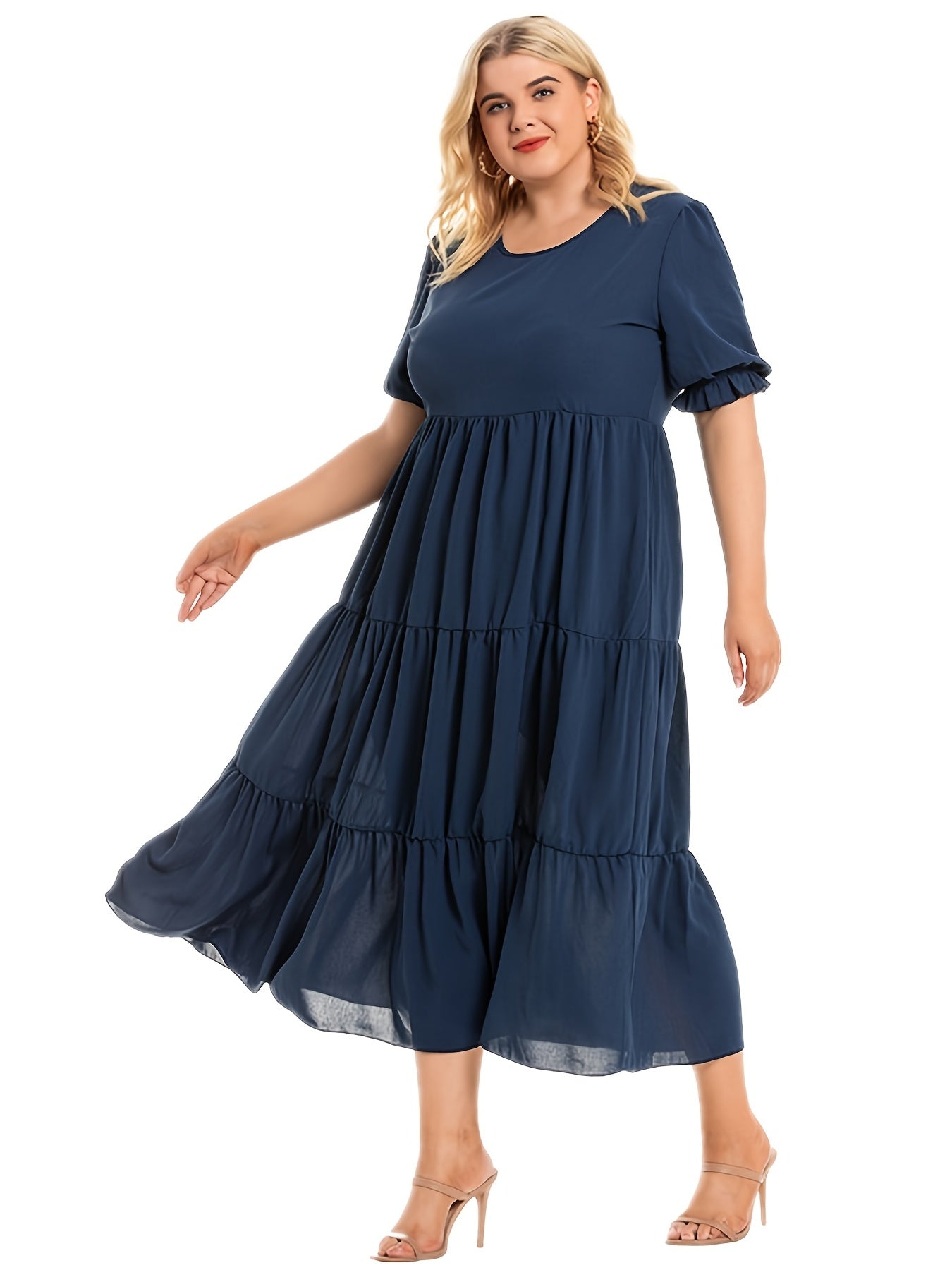  Solid Pleated Cami Dress Women's Short Sleeve Long Dress