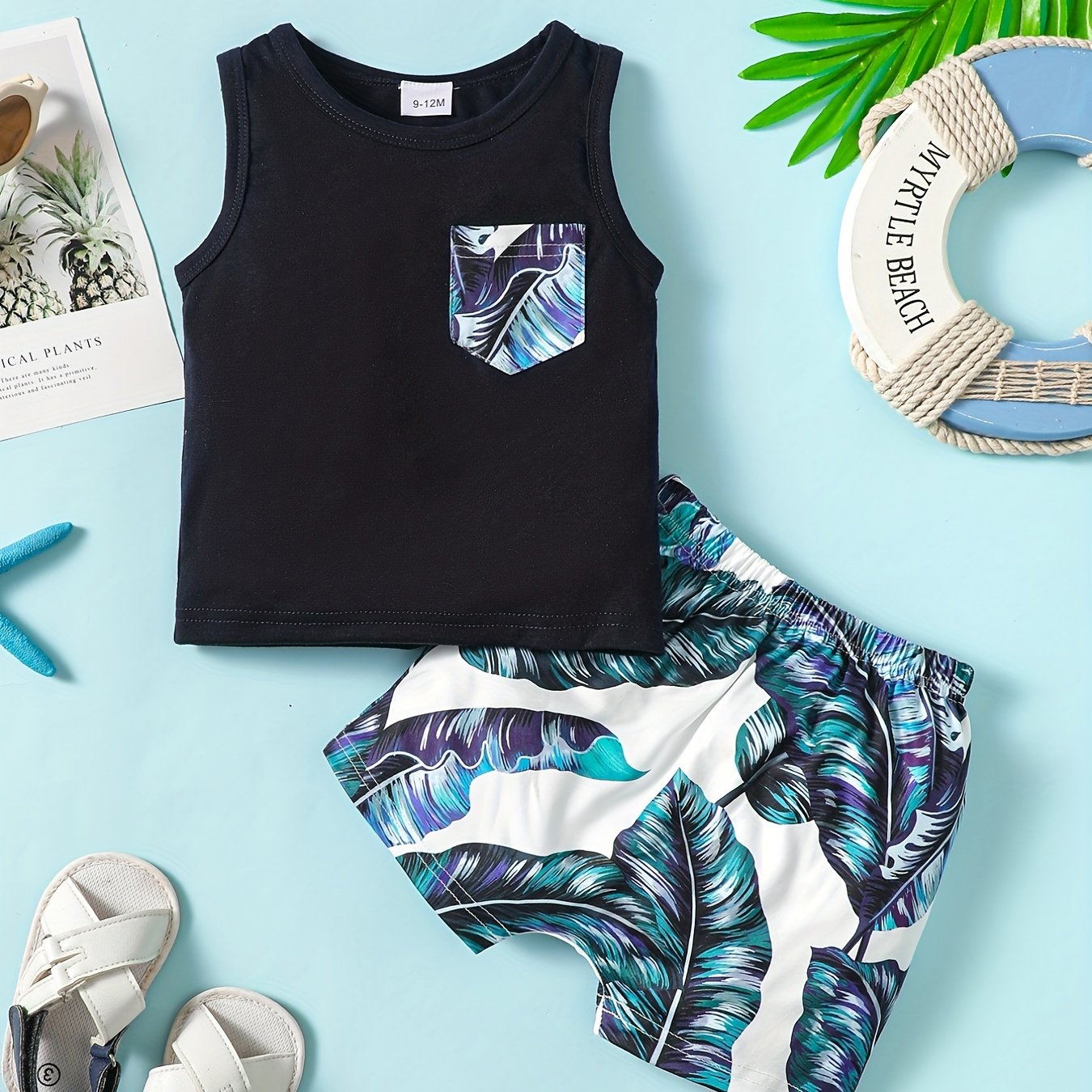 Boys Leaf Print Tank Top & Shorts 2pcs Set
