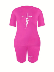  Two Piece Set Women's Plus Tee & Shorts Set