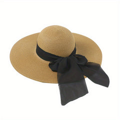 Big Bowknot Sun Hat Solid UV Protection Vintage Straw Beach Hats For Women