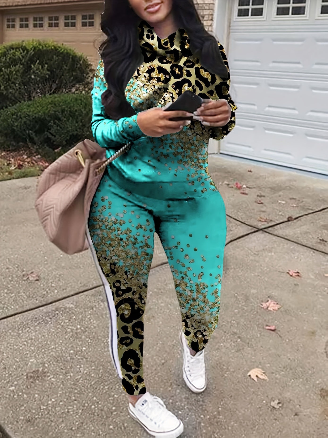  Colorblock Leopard Print Top & Pants Two Piece Set
