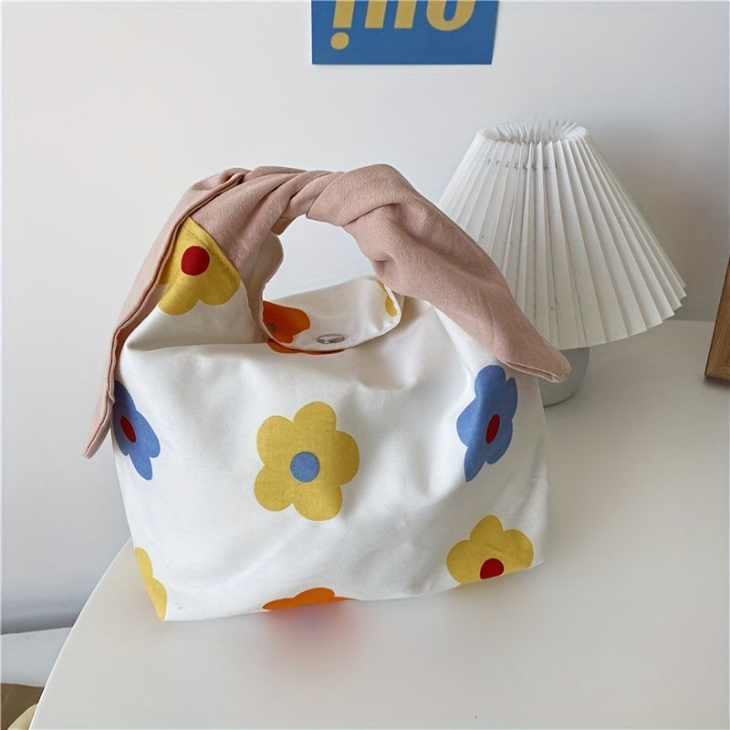 Bow Knot Handle Portable Cosmetic Bag Allover Print Lunch Bag Travel Handbag