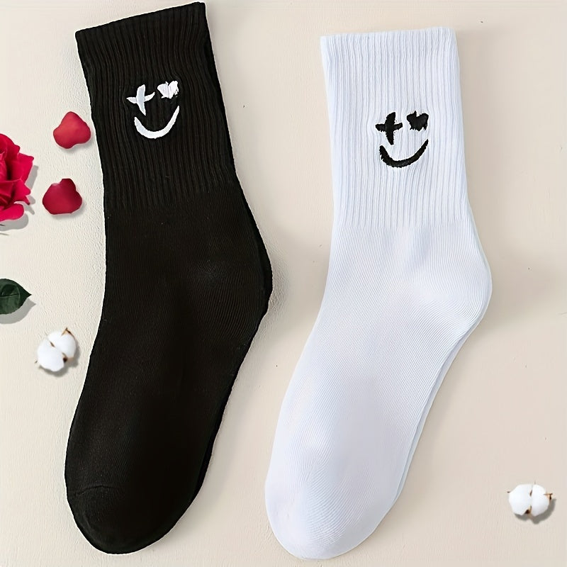 Men's Smiley Face Crew Socks - Cartoon Pattern, Comfy Street Style