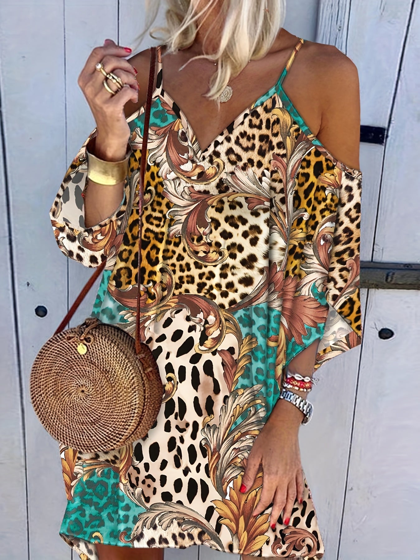  Colorblock Leopard & Baroque Print Cold Shoulder Dress