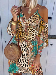  Colorblock Leopard & Baroque Print Cold Shoulder Dress
