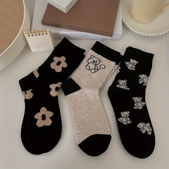 5 Pairs Bear & Floral Print Mid Tube Socks Women's Stockings