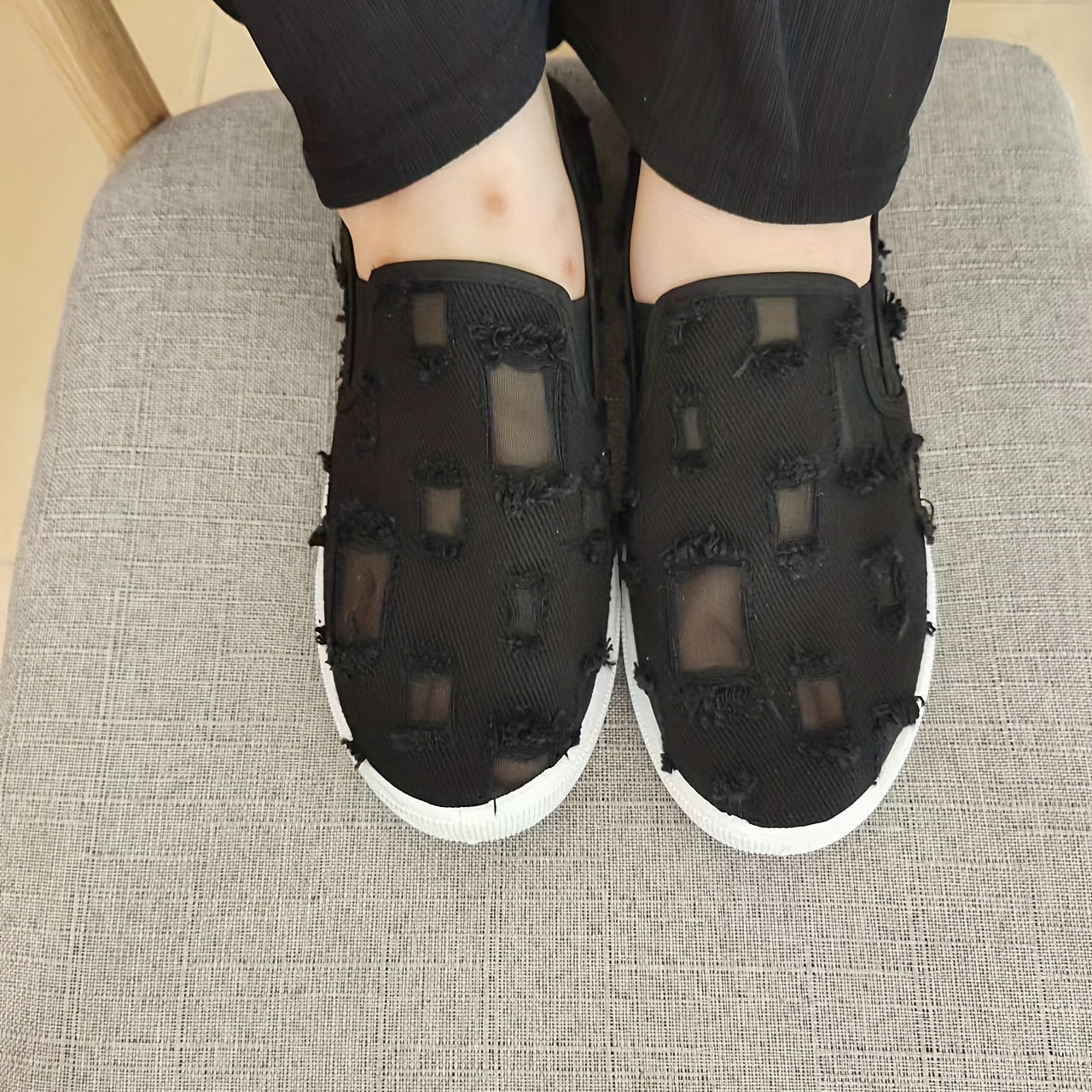Women's Plaid Slip-On Mesh Canvas Shoes Casual & Breathable Flat Comfy Shoes