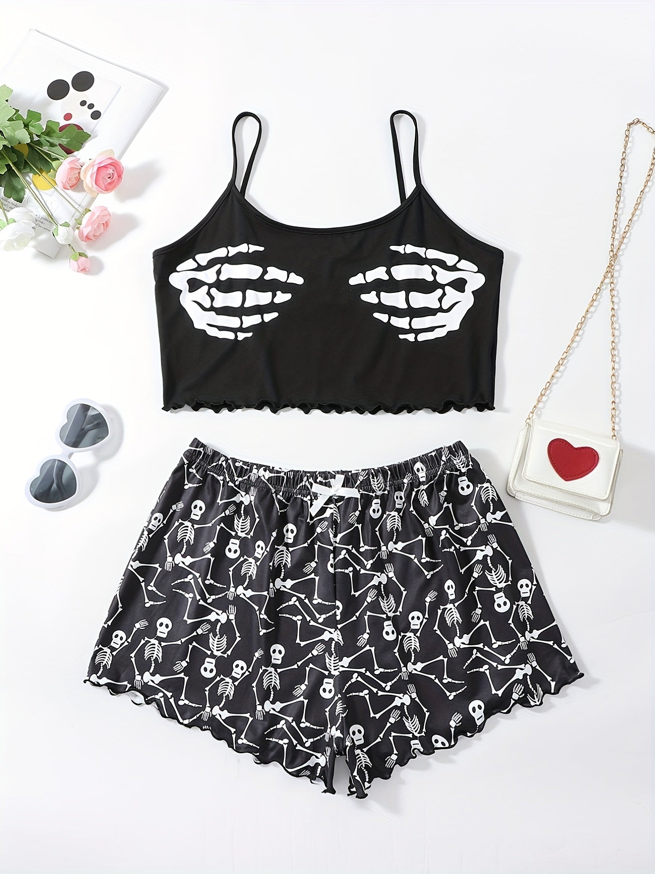  Skeleton Print Gothic Tank Top & Shorts Pajama Set