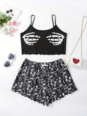  Skeleton Print Gothic Tank Top & Shorts Pajama Set