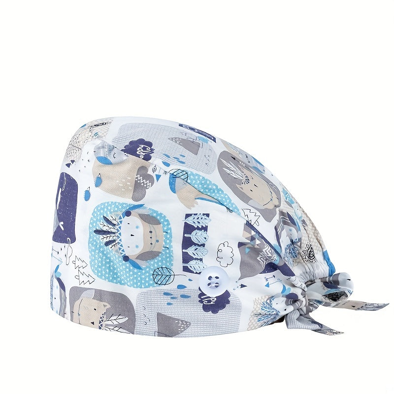 Cartoon Print Nurse Hat Cotton Scrub Cap Button Working Hats