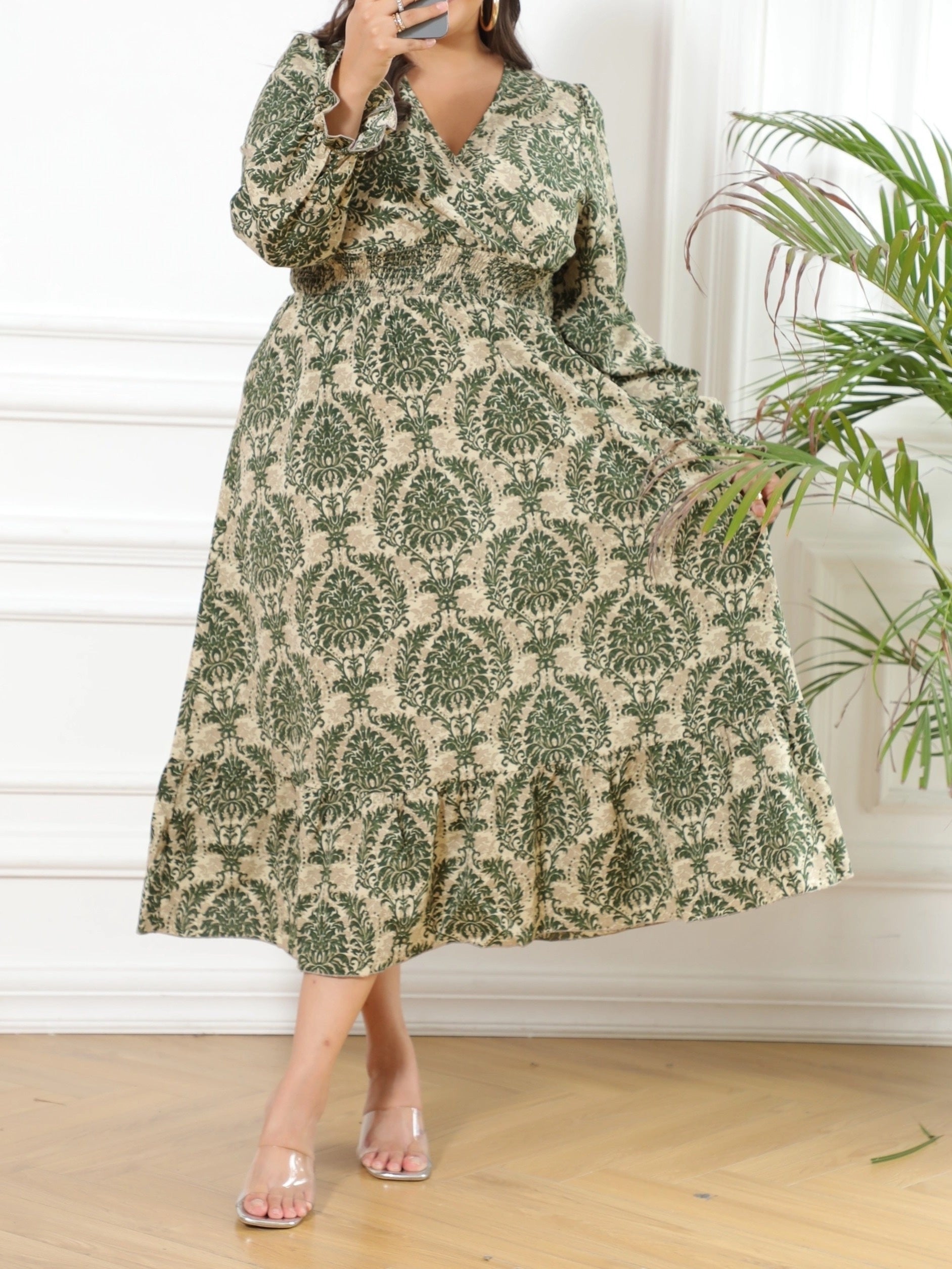  Damask Print Maxi Dress V Neck Flounce Sleeve Waist Nipped