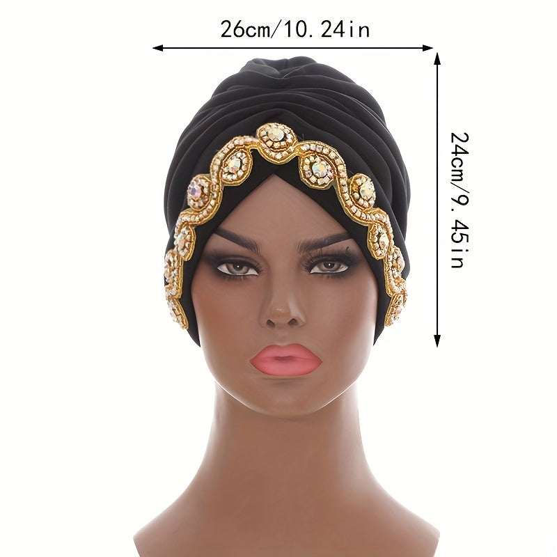 Rhinestone Decor Headwrap Pleated Turban Cap Bonnet Women