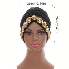 Rhinestone Decor Headwrap Pleated Turban Cap Bonnet Women