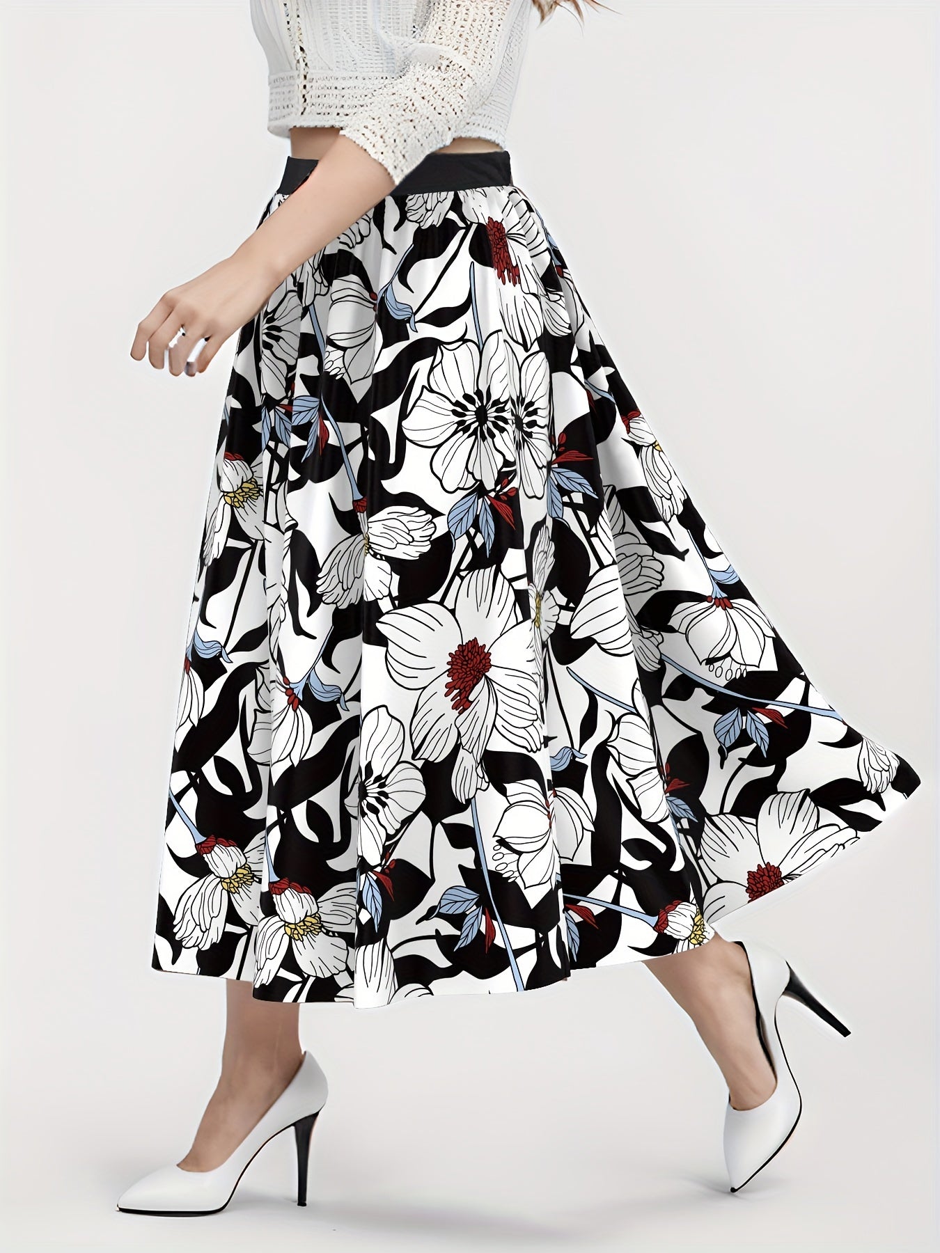 Floral Print Maxi Skirt High Rise Elastic Waist Plus Size