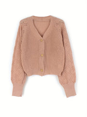 Lantern Sleeve Knitted Cardigan Long Sleeve Button Up Casual Sweater