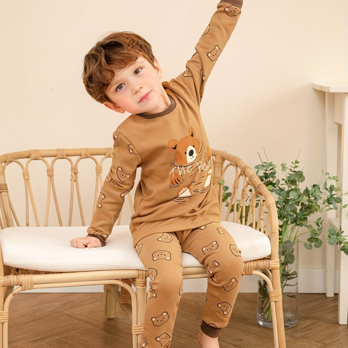 Boys Bear Print Long Sleeve Top & Trousers Cotton Pajamas Set