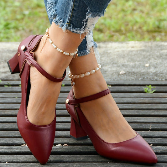 Women's Pointed Toe Pumps Ankle Strap Chunky Heels Mid Heels