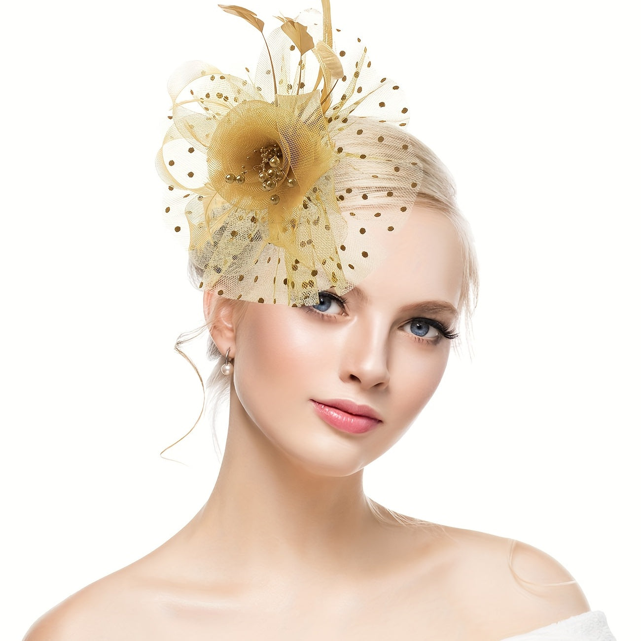 Mesh Flower Head Piece With Clip Faux Feather Fascinator