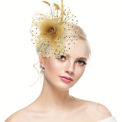 Mesh Flower Head Piece With Clip Faux Feather Fascinator