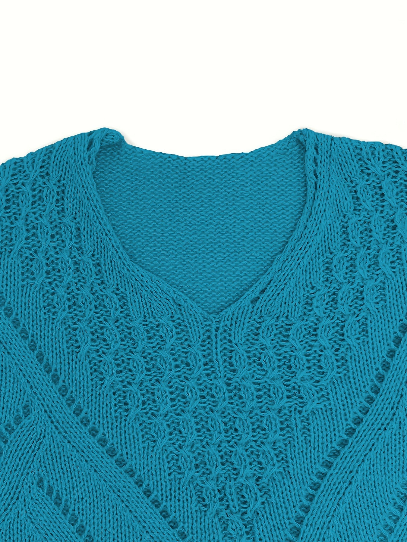 V Neck Hollow Out Solid Knit Sweater Long Sleeve