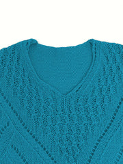 V Neck Hollow Out Solid Knit Sweater Long Sleeve