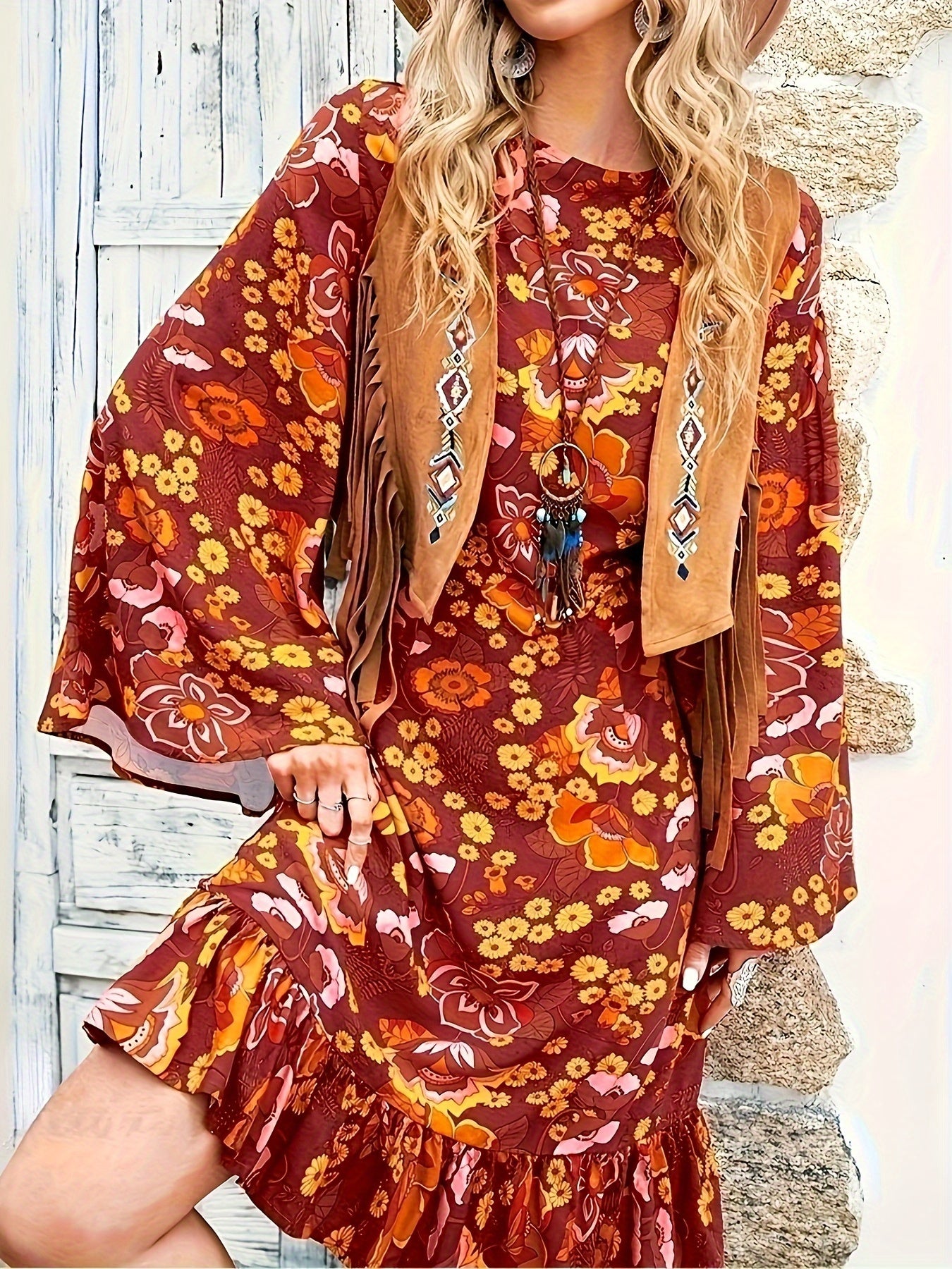 Floral Bell Sleeve Plus Size Dress
