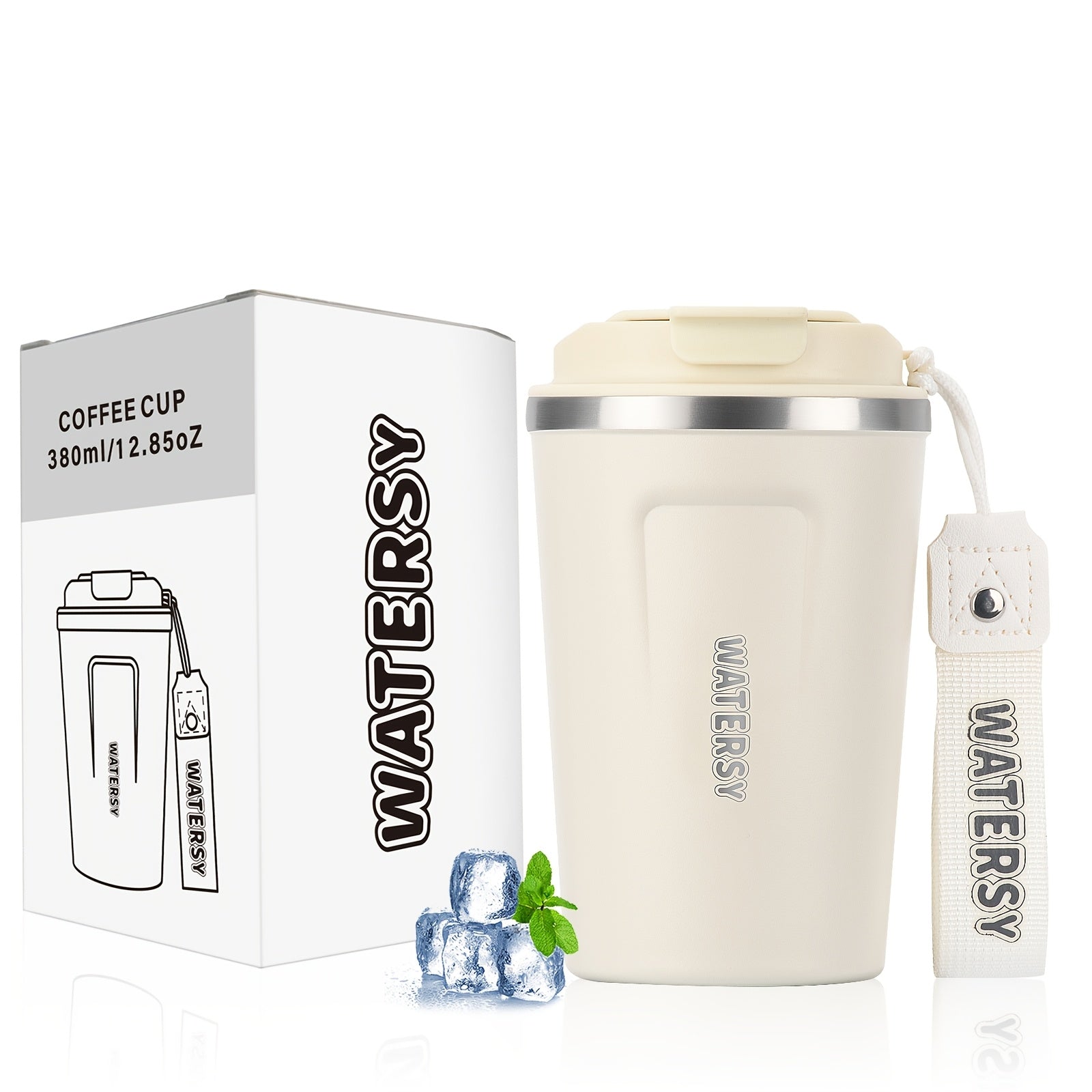 WATERSY 380ml Stainless Steel Coffee Mug with Lid and Strap