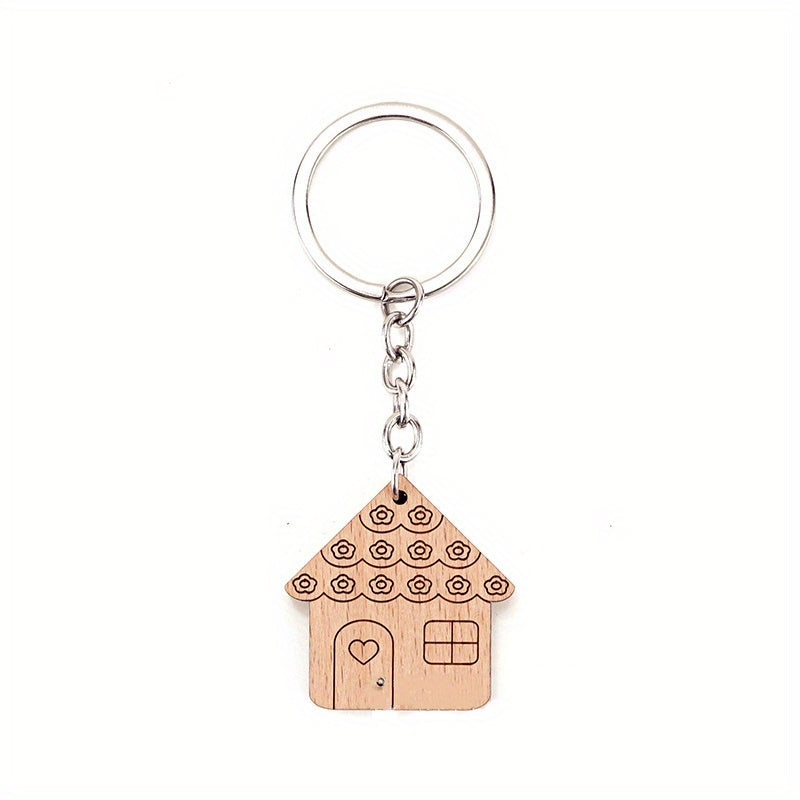 Cartoon Home Keychain Wooden Key Ring Purse Bag Backpack Car Key Charm Gift