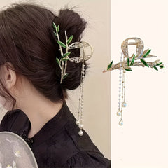 Bamboo Hair Claw with Tassel Pearl Metal Holder