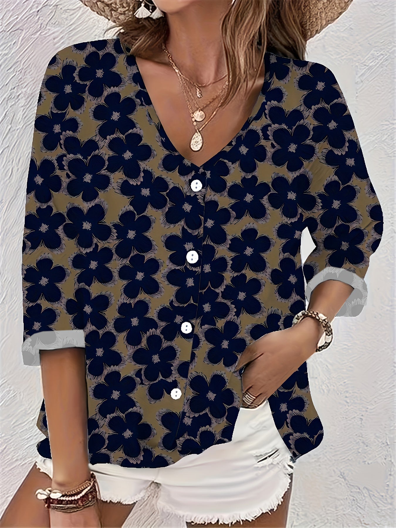 Floral Print Long Sleeve V Neck Blouse