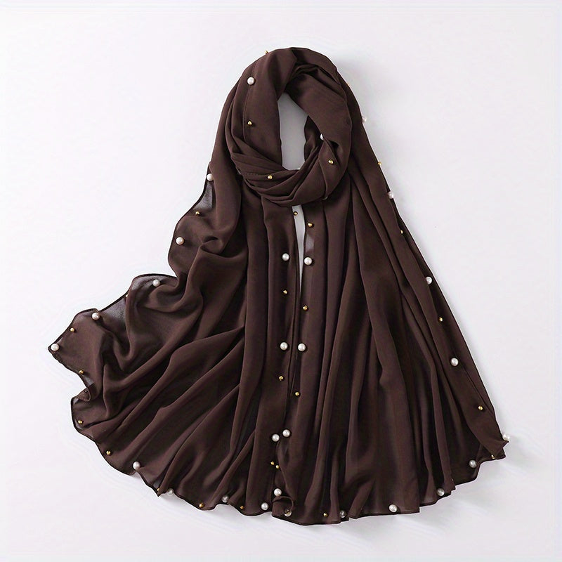 Chiffon Scarf Faux Pearl Rhinestone Hijab Solid Shawl Head Wrap Bandana