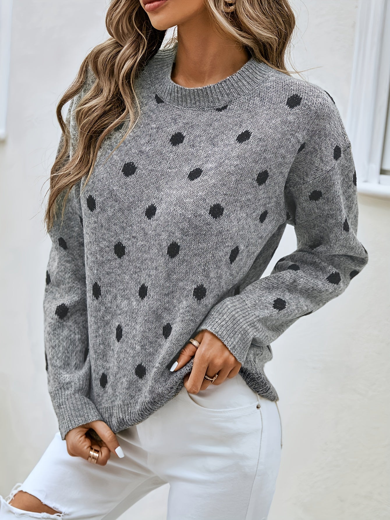  Dot Print Long Sleeve Sweater Round Neck Jumper