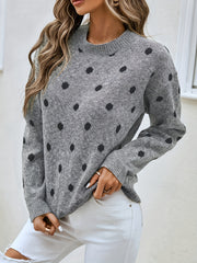  Dot Print Long Sleeve Sweater Round Neck Jumper