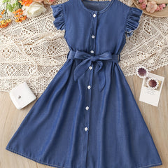 Toddler Girls Butterfly Sleeves Belted Dress