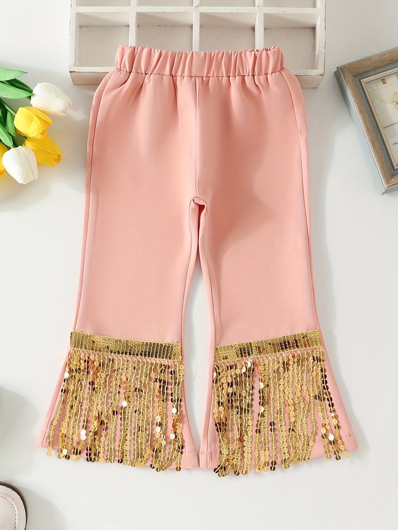 Girls' Sequins Tassel Fringe Bell Bottom Pants & Versatile Spring Fall Outerwear