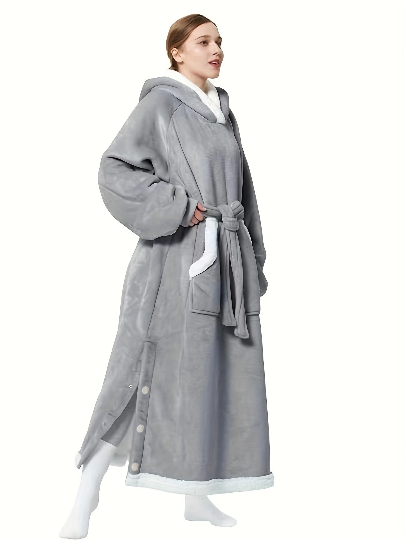  Hooded Fleece Lounge Robe With Pockets & Split