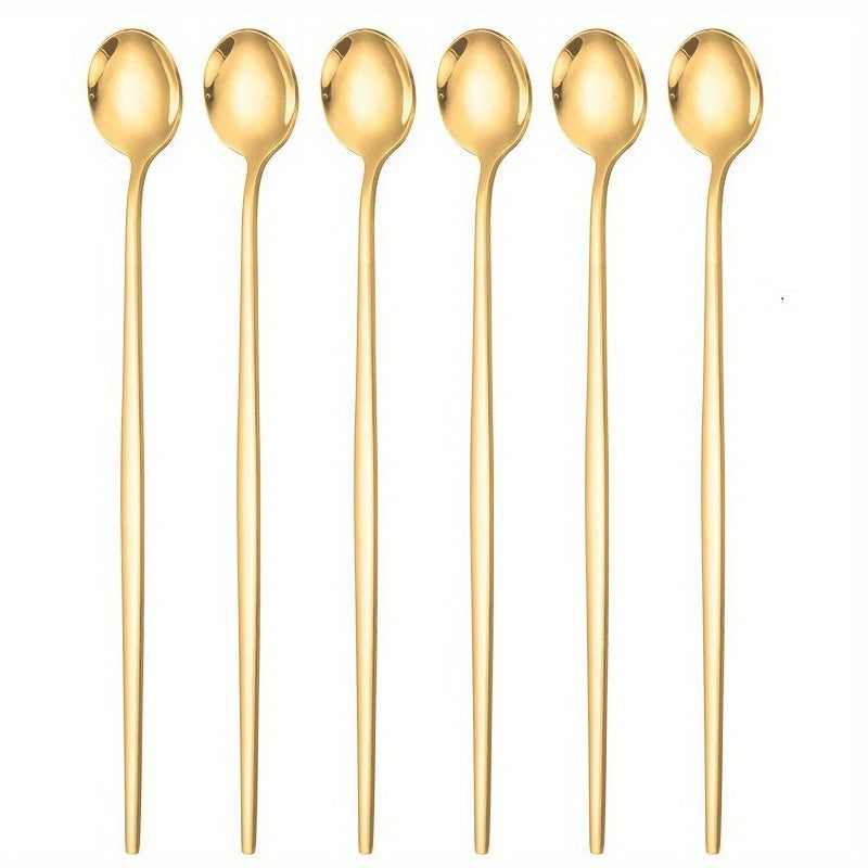 6pcs Stainless Steel Ice Tea Spoons Long Handle Golden Mirror Finish
