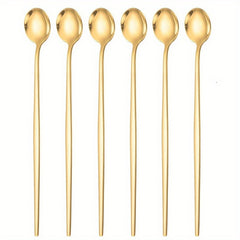 6pcs Stainless Steel Ice Tea Spoons Long Handle Golden Mirror Finish